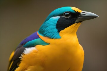 Golden breasted Starling bird in the treetops in a tropical rainforest, Amazon of Brazil. Wildlife concept of ecological environment. Generative AI