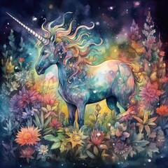 Obraz na płótnie Canvas Watercolor painting of a unicorn surrounded by flowers on a dark background Generative Ai 