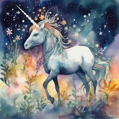Naklejka na ściany i meble Watercolor painting of a unicorn surrounded by flowers on a dark background Generative Ai 