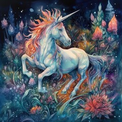 Watercolor painting of a unicorn surrounded by flowers on a dark background Generative Ai

