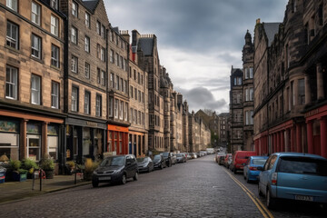 Fototapeta na wymiar street view of Edinburgh, Scotland, UK created with Generative AI technology