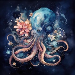 Watercolor illustration of octopus in space with stars and flowers Generative Ai