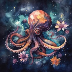 Watercolor illustration of octopus in space with stars and flowers Generative Ai