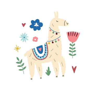 Cute vector poster with llama surrounded by tropical plants in bright color in scandinavian style for your design