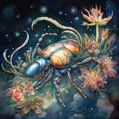 Obraz na płótnie Canvas watercolor painting of a beetle and flowers on a dark background Generative Ai
