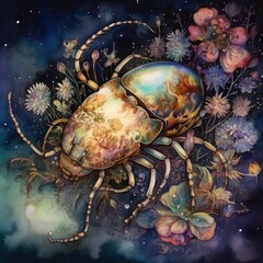 watercolor painting of a beetle and flowers on a dark background Generative Ai