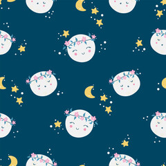 Vector hand-drawn color seamless childish simple pattern for kids with cute planets and moons in Scandinavian style on a blue background. Baby pattern with night sky. Fabric design. Wallpaper.