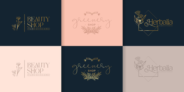 Feminine logos collection, hand drawn modern minimalistic and floral and watercolor badge templates for branding, identity, boutique, salon vector
