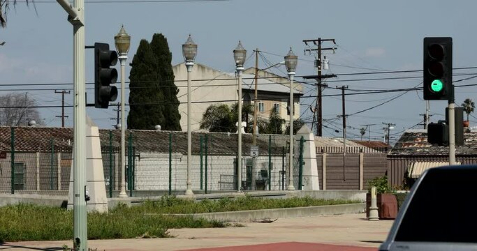 Historic street lights line downtown Compton, California, USA.