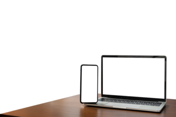 Smartphone, laptop, lying on the table isolated white background for use Business, education. A blank white screen