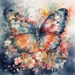 Watercolor painting of butterfly on floral background Generative Ai