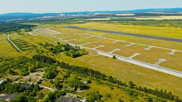 Aerial 4k drone footage of the village of Szentkir&aacute;lyszabadja in the Veszpr&eacute;m - Hungary. It is a former Soviet military base with barracks town sometimes referred to as the Hungarian Chernobyl.