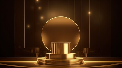 Golden podium with round frame on black background. Award ceremony concept. 3D rendering.Generative Ai