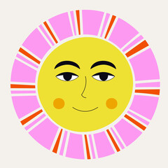 Smiling sun, abstract personage, mascot design, funny face, cute icon.