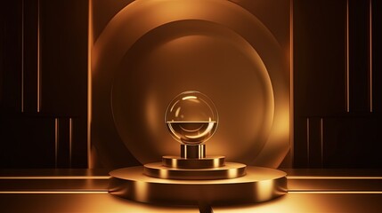 Golden podium with round frame on black background. Award ceremony concept. 3D rendering.Generative Ai