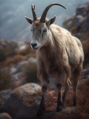 A beautiful mountain goat, standing in a leader's pose and contemplating further events against a background of large, beautiful rocks