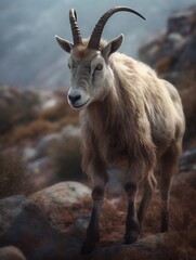 Obraz premium A beautiful mountain goat, standing in a leader's pose and contemplating further events against a background of large, beautiful rocks