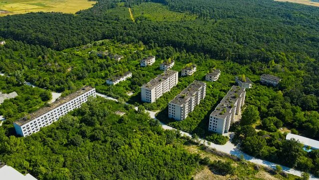 Aerial 4k drone footage of the village of Szentkir&aacute;lyszabadja in the Veszpr&eacute;m - Hungary. It is a former Soviet military base with barracks town sometimes referred to as the Hungarian Chernobyl.