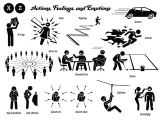 Stick figure human people man action, feelings, and emotions icons alphabet Z. X-ray, zap, zigzag, zoom, zero in, zoned out, zone, zip, jacket, pant, zoom in, zoom out, zipline, and zombify.