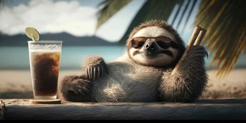sloth is on summer vacation at seaside resort and relaxing on summer beach - obrazy, fototapety, plakaty