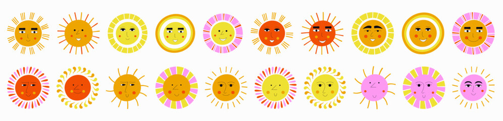 Smiling sun, abstract personage, mascot design, funny face, cute icon.