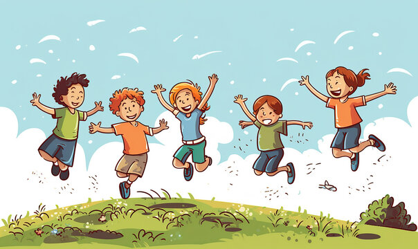 children playing in the meadow, cartoon anime manga art style, children's day background, AI generated