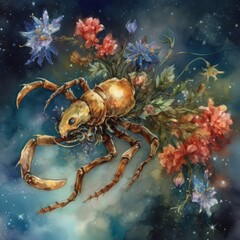 Watercolor illustration of a Scorpion on a background of flowers Generative Ai