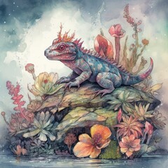 watercolor illustration of a chameleon sitting on a rock among the succulents Generative Ai