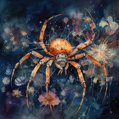 Watercolor illustration of a spider with flowers on the background of the night sky Generative Ai