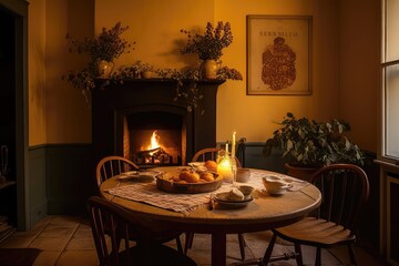 Rustic Charm: A Cozy Dining Room with Freshly Baked Pies and Lush Greenery 2. Generative AI