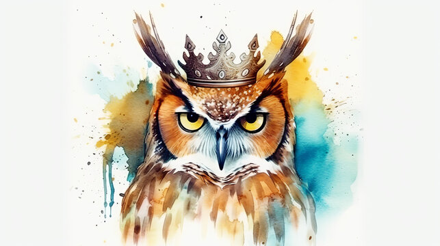 Isolated Colorful King Owl With White Gold Corm On Black Background, Generative Ai