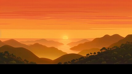 Sunset/Sunrise in Nature. miountain, Birds, Trees, bushs, river, open field, flowers in field. Generative AI