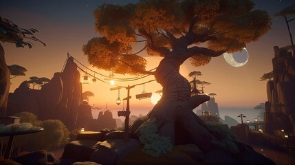 Sunset/Sunrise in Nature. miountain, Birds, Trees, bushs, river, open field, flowers in field. Generative AI