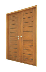 Wooden door decorated with baseboard on transparent background.