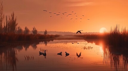 Obraz na płótnie Canvas Sunset/Sunrise in Nature. miountain, Birds, Trees, bushs, river, open field, flowers in field. Generative AI