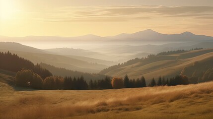 Obraz premium Sunset/Sunrise in Nature. miountain, Birds, Trees, bushs, river, open field, flowers in field. Generative AI