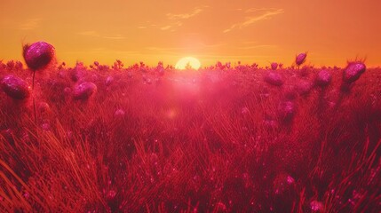 Fototapeta na wymiar Sunset/Sunrise in Nature. miountain, Birds, Trees, bushs, river, open field, flowers in field. Generative AI