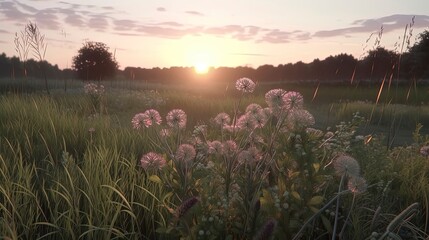 Naklejka premium Sunset/Sunrise in Nature. miountain, Birds, Trees, bushs, river, open field, flowers in field. Generative AI