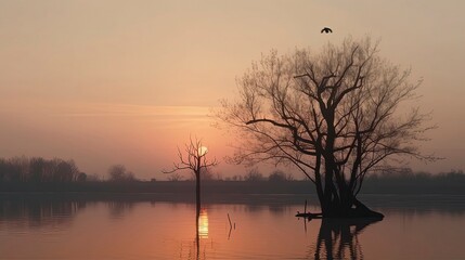 Obraz na płótnie Canvas Sunset/Sunrise in Nature. miountain, Birds, Trees, bushs, river, open field, flowers in field. Generative AI