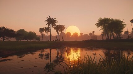 Obraz premium Sunset/Sunrise in Nature. miountain, Birds, Trees, bushs, river, open field, flowers in field. Generative AI