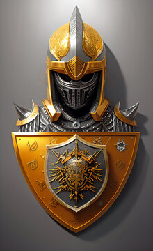 Kinght's head with ornate helmet and shield. Gold and silver color theme. Generative AI 3d render.