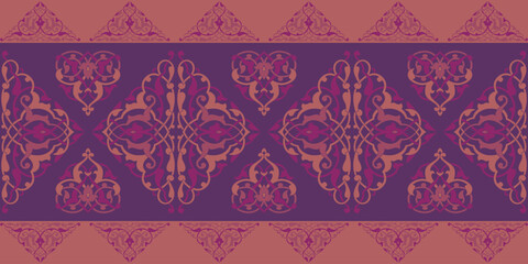 Arabic ornament of Pink and Purple Fonts on a Background. Vibrant and unique vintage pattern features contrasting pink and purple backgrounds with decor.