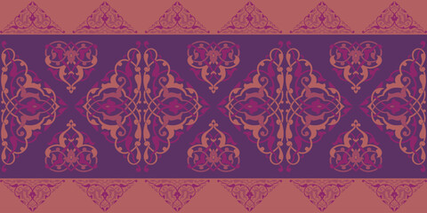 Arabic ornament of Pink and Purple Fonts on a Background. Vibrant and unique vintage pattern features contrasting pink and purple backgrounds with decor.