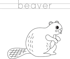 Trace the letters and color cartoon beaver. Handwriting practice for kids.