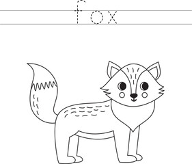 Trace the letters and color cartoon fox. Handwriting practice for kids.