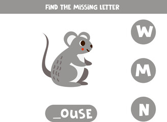 Find missing letter with cartoon mouse. Spelling worksheet.