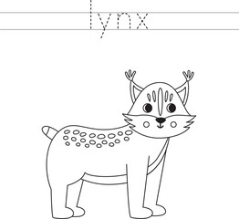 Trace the letters and color cartoon lynx. Handwriting practice for kids.