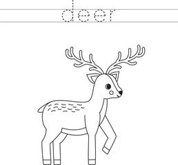 Trace the letters and color cartoon deer. Handwriting practice for kids.
