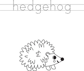 Trace the letters and color cartoon hedgehog. Handwriting practice for kids.