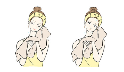 タオルで顔を拭く女性